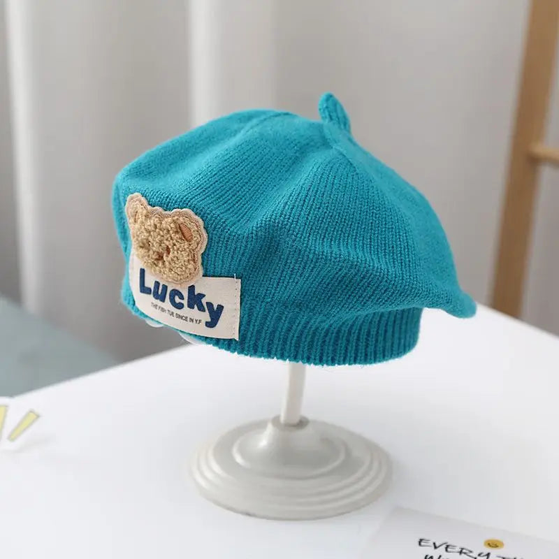 Flower Baby Beret Hat – Winter Warm Knitted Beanie for Infant & Toddler Girls, Korean Princess Artist Painter Cap Solid Color