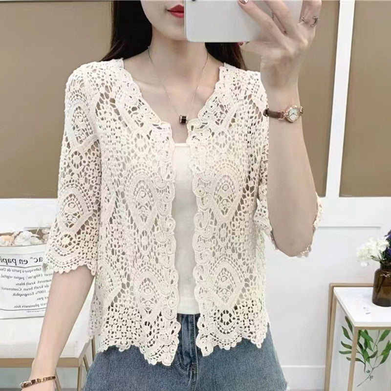 Women's Knit Lace Shrug – Hollow Crochet Floral 3/4 Sleeve Open Front Crop Cardigan F3MD