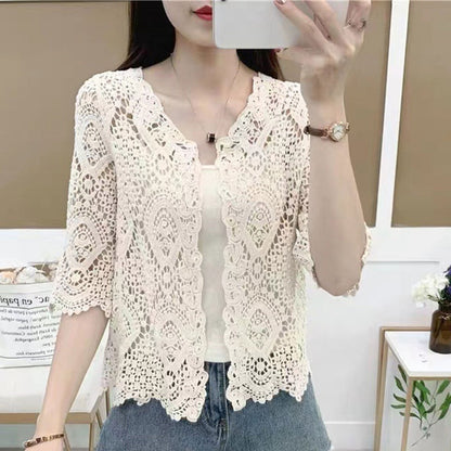 Women's Knit Lace Shrug – Hollow Crochet Floral 3/4 Sleeve Open Front Crop Cardigan F3MD