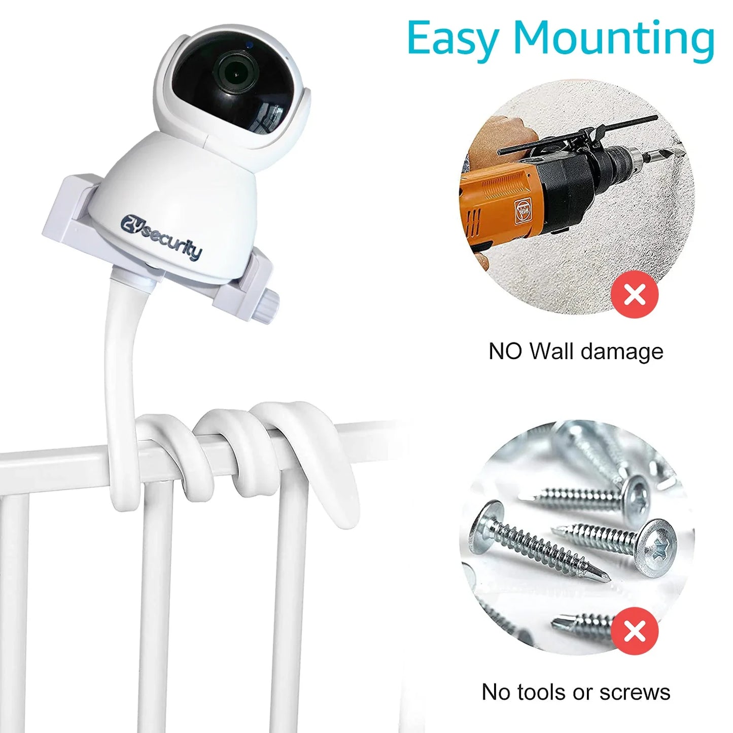 Universal Long Flexible Silicone Baby Monitor Holder - White, Hole-Free IP Camera Mount for Crib and Cradle