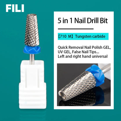 5-in-1 Tungsten Carbide Nail Drill Bits - Nail Art Equipment, Rotary Mills Cutter for UV Gel Removal & Manicure Tool