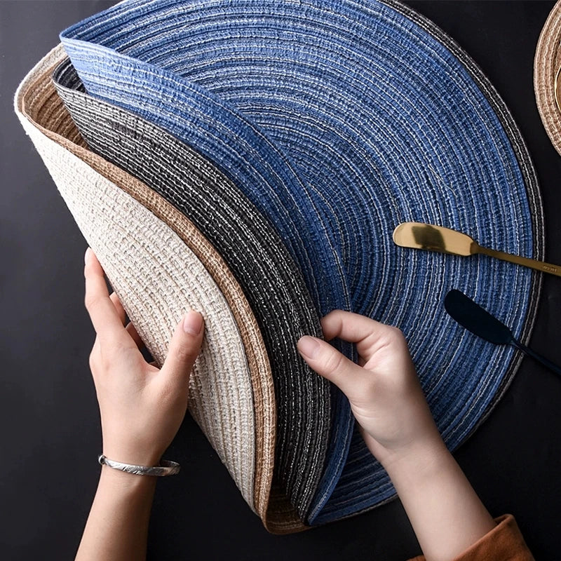 Set of 6 Round Woven Ramie Placemats - Anti-Slip Dining Table Mats and Non-Slip Drink Coasters