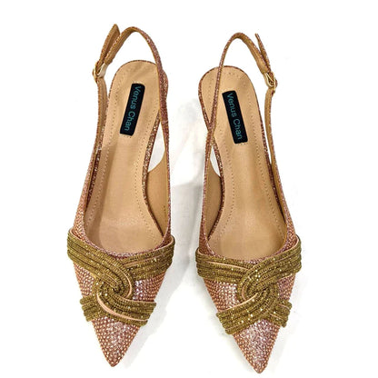Venus Chan Women’s Champagne Shoe & Bag Set - Rhinestone Heels and Handbag for Nigerian Parties & Weddings