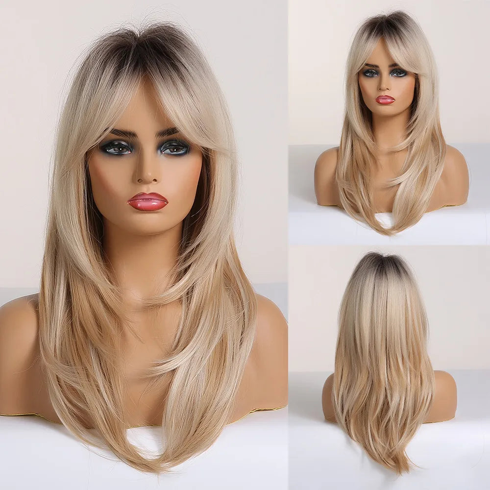 ALAN EATON Blonde Layered Synthetic Wig with Bangs – Long Straight Heat-Resistant Wig for Women & Girls, Natural Daily Hair
