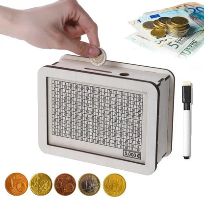 Wooden Piggy Bank – Reusable Money Box with Saving Goal & Number Tracker – Encourages Saving Habit