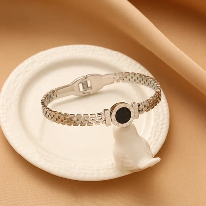 RAKOL 316L Stainless Steel Roman Numeral Ring – Black Shell Adjustable Zircon Tail Ring for Women, Fashion Jewelry
