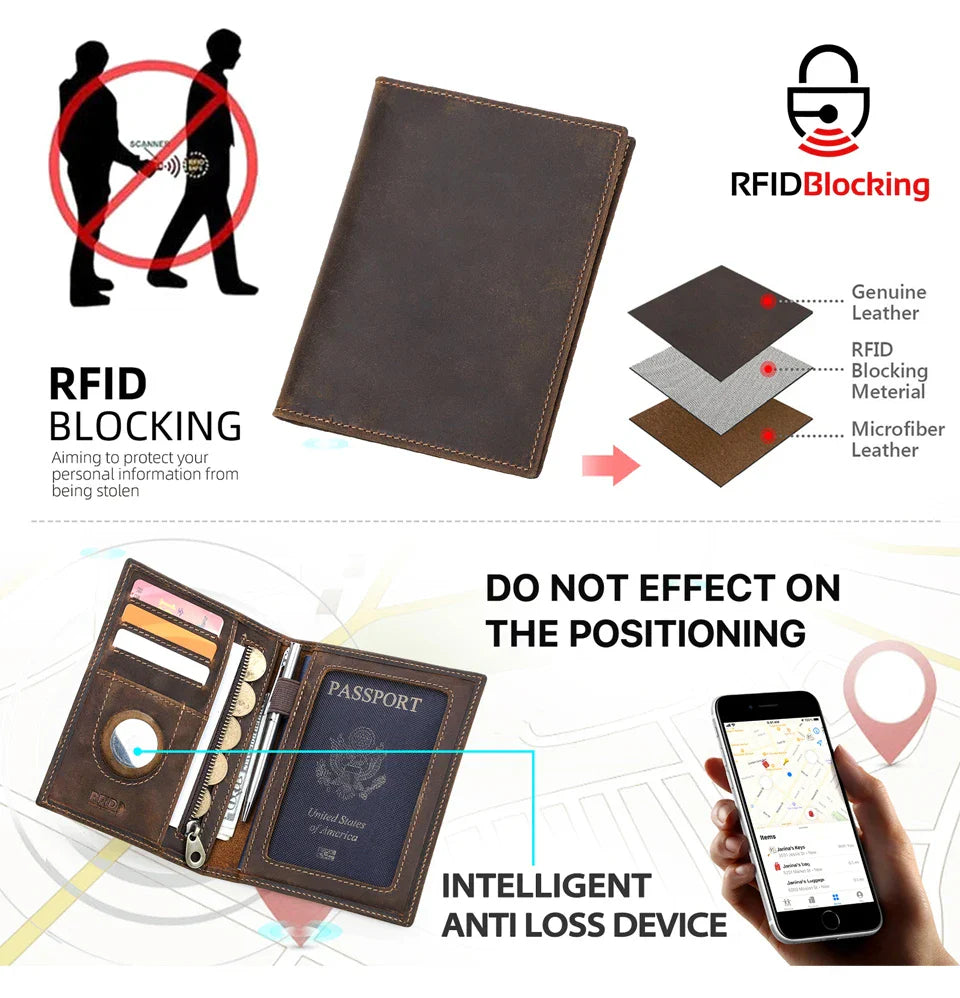 Genuine Cow Leather Passport Holder with AirTag Case – RFID Blocking Travel Wallet with Pen, Card Holder & Anti-Lost Pocket