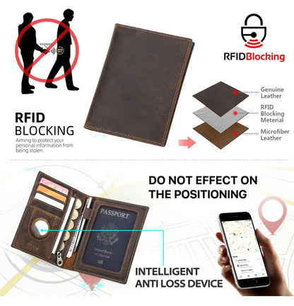 Genuine Cow Leather Passport Holder with AirTag Case – RFID Blocking Travel Wallet with Pen, Card Holder & Anti-Lost Pocket