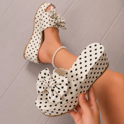 Women's Polka Dot Wedge Sandals - Bow Decor Platform Slides with Ankle Strap