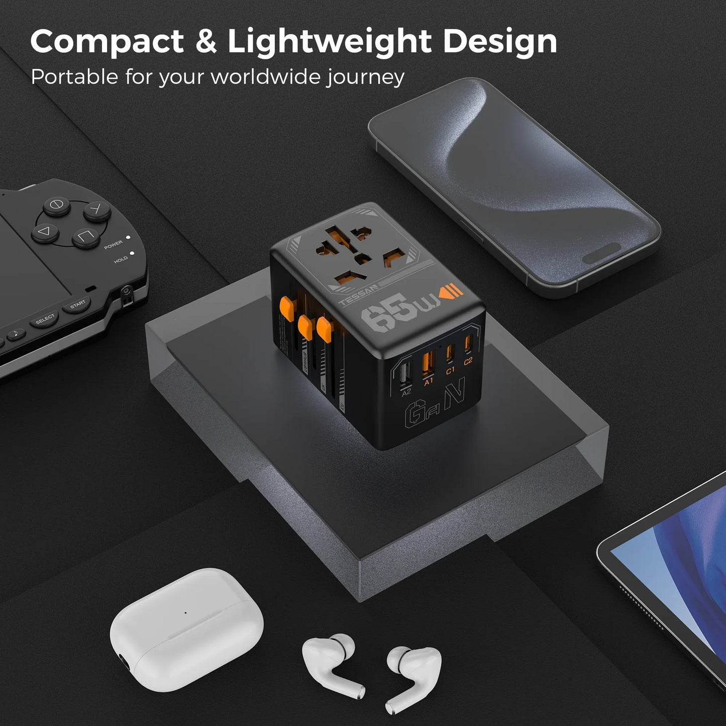 TESSAN 65W GaN International Travel Adapter – USB Type-C Universal Power Adapter with EU/UK/USA/AUS Plugs