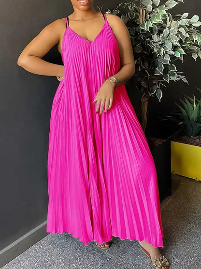 Women’s Summer Sleeveless V-Neck Dress – Elegant Pleated Loose Long Dress, Thin Straps, Plus Size