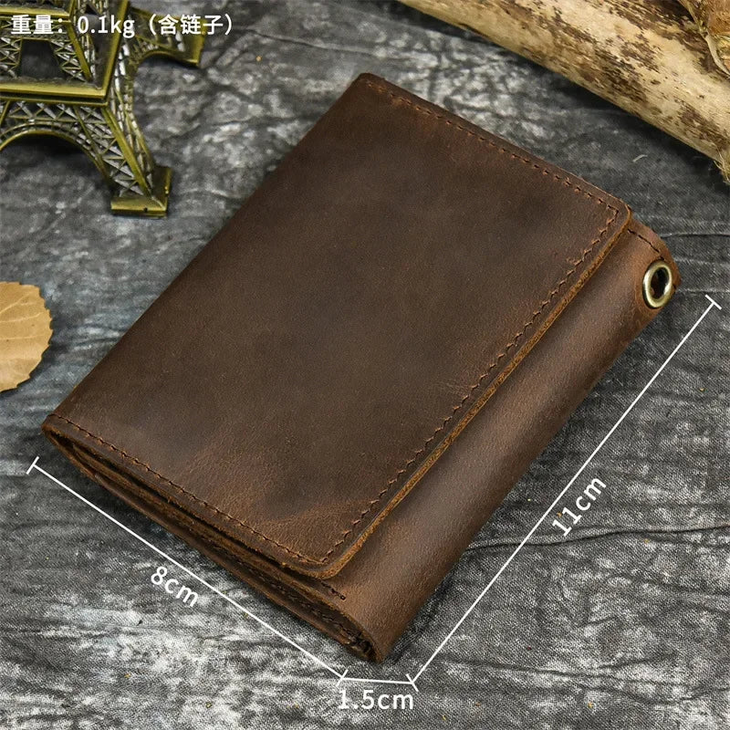 Men's Genuine Leather Short Wallet with Chain – Zipper Clutch, Trifold Purse, Card Holder & Coin Purse for Men