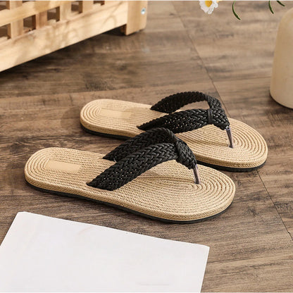 Women’s Beach Flip Flops - Flat Thong Sandals with Imitation Hemp Rope Design