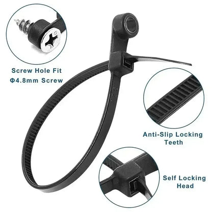 Multipurpose Heavy Duty Nylon Cable Ties: Adjustable Self-Locking Cord Organizer Straps with Screw Hole - DIY Fastening Loop