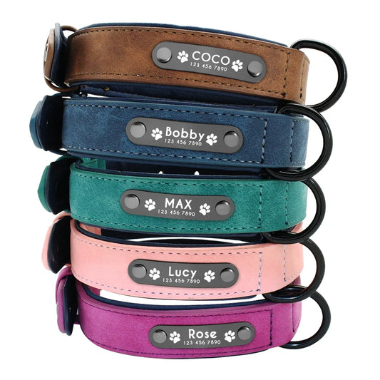 Personalized Leather Dog Collar with Name ID Tag – Custom Adjustable Collar for Small, Medium & Large Dogs