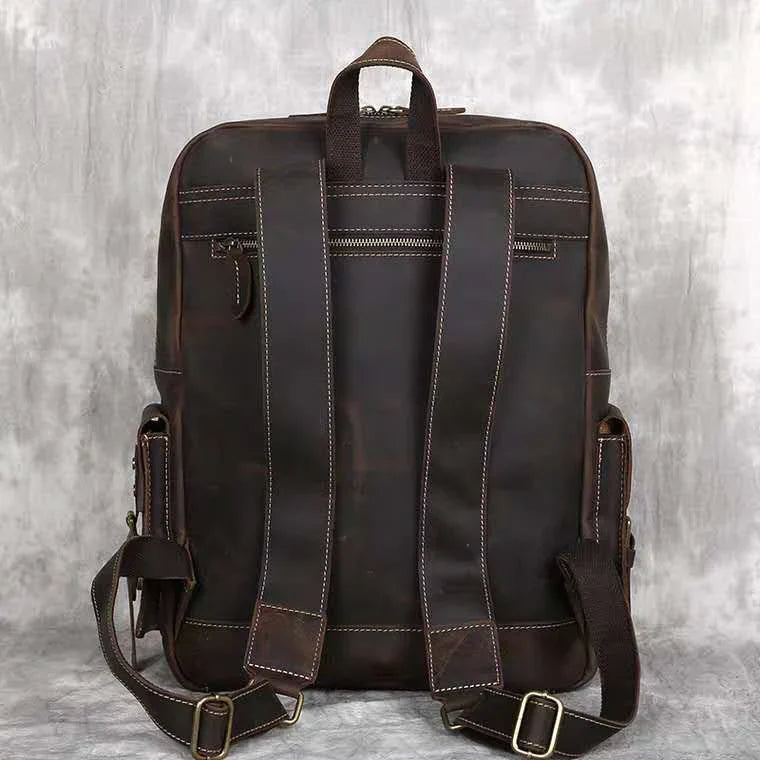 Vintage Crazy Horse Leather Backpack for Men — 17" Laptop Travel Rucksack Cowhide Hiking Bag M815