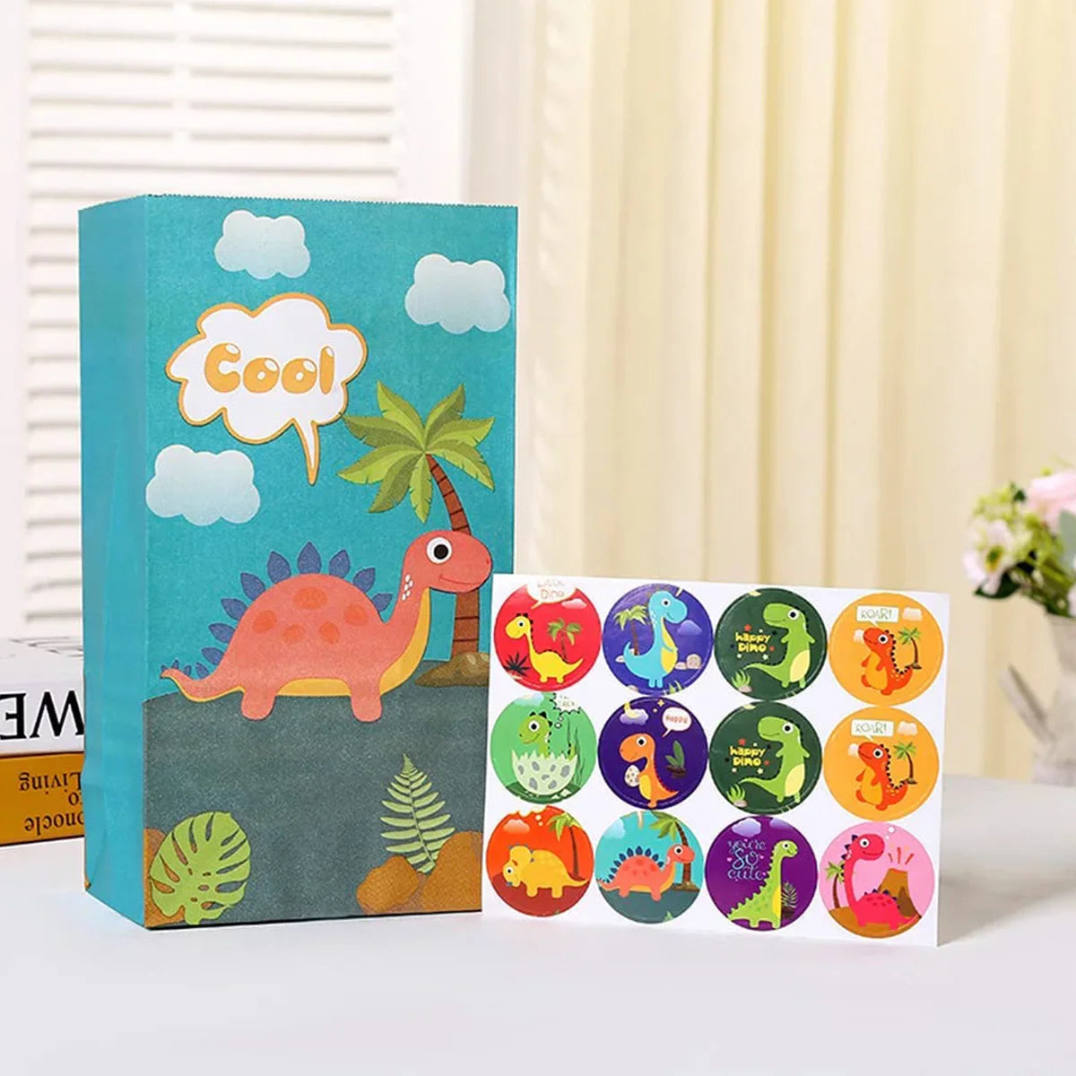 30Pcs Dinosaur Party Bags - Thicken Paper Dinosaur Gift Bags with 36 Stickers - Recyclable and Odorless Candy Bags for Dinosaur Party Gifts