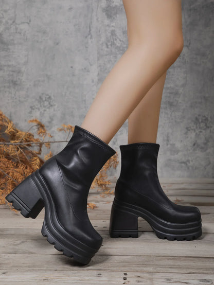 Women’s New Fashion Short Boots – Sexy Leather, Square Toe, Zipper High Heels, Casual Thick-Soled Shoes Zapatos