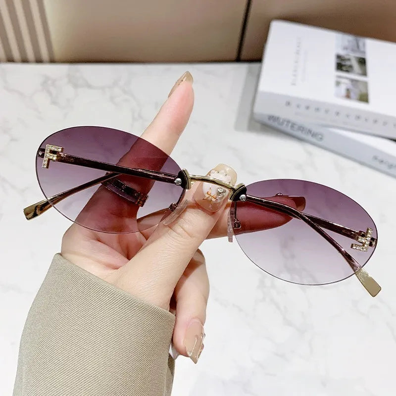 Elegant Diamond Oval Rimless Sunglasses — Men’s “F” Letter Car Sunglasses Model 90902