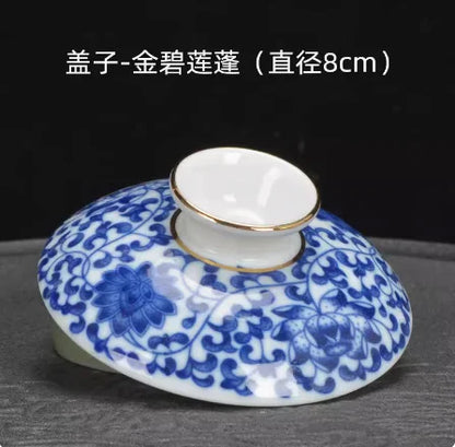 Ceramic Sancai Tea Bowl with Lid – Blue & White Porcelain Cover for Kungfu Tea Set Household Accessories