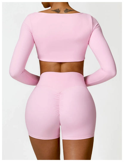Hearuisavy 2PCS Long Sleeve Gym Set for Women, Quick-Drying Yoga Clothes, Sportswear, Running Leggings, Workout Sports Crop Top