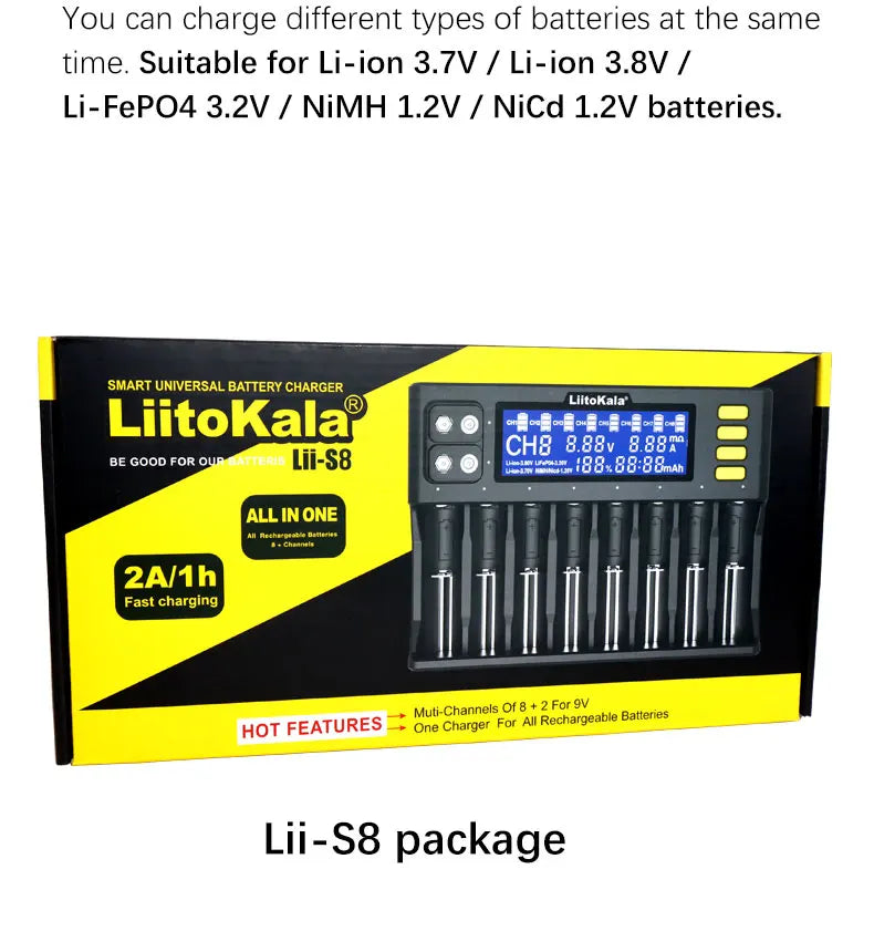 LiitoKala Lii-S8 Lii-S12 CH4 Multi-Function Battery Charger – 18650, 26650, 21700, 26700, AA, AAA Li-ion, NiMH, LiFePO4 Compatible
