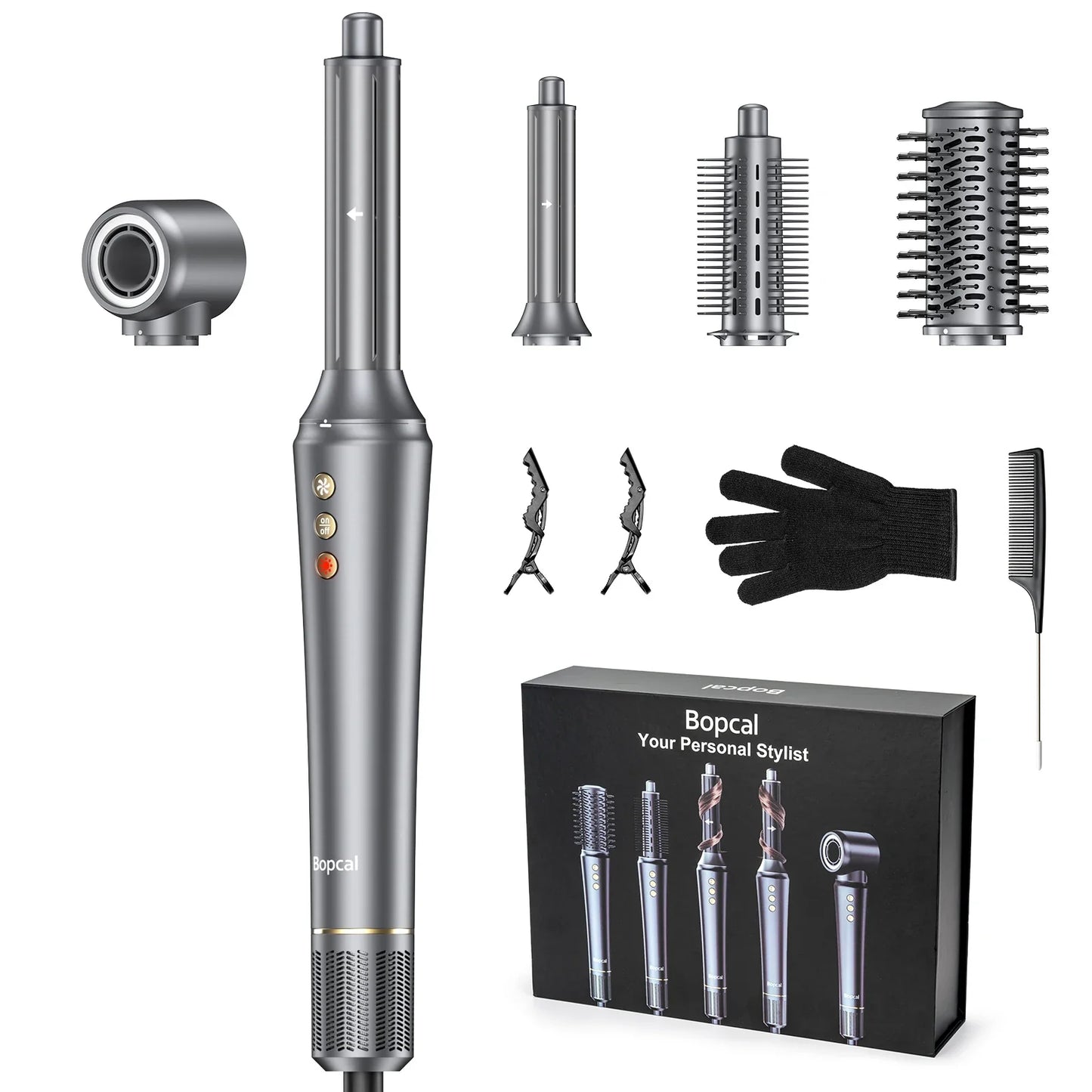 Bopcal 5-in-1 Hair Dryer & Hot Air Comb – 1200W High-Speed Blower with Curling Iron & Multifunction Styling Tools