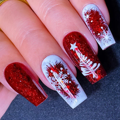 Medium Long Christmas Fake Nails – Square & Almond Tips with Tree, Snowflake & Snowman Designs