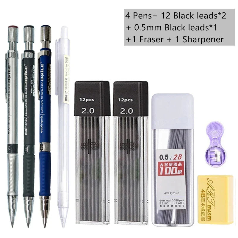 2.0mm Mechanical Pencil Set with 2B Black & Color Lead Refills – Automatic Pencil for Sketching, Drawing & Writing
