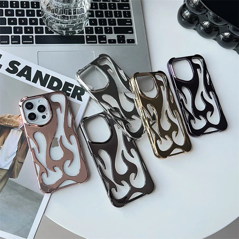 Fashion Hollowed Fire Flame Phone Case | Silver Electroplated Soft Cover for iPhone 15, 14, 13, 12, 11 Pro Max Plus | Cool Gift for Boys and Girls