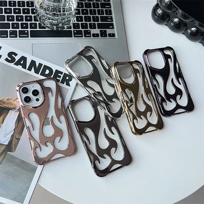 Fashion Hollowed Fire Flame Phone Case | Silver Electroplated Soft Cover for iPhone 15, 14, 13, 12, 11 Pro Max Plus | Cool Gift for Boys and Girls
