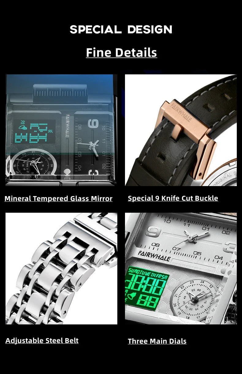 Mark Fairwhale Men’s Luxury Square Quartz Watch — Fashion Waterproof Military Leather Strap Wristwatch