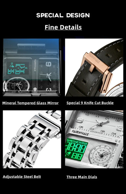 Mark Fairwhale Men’s Luxury Square Quartz Watch — Fashion Waterproof Military Leather Strap Wristwatch