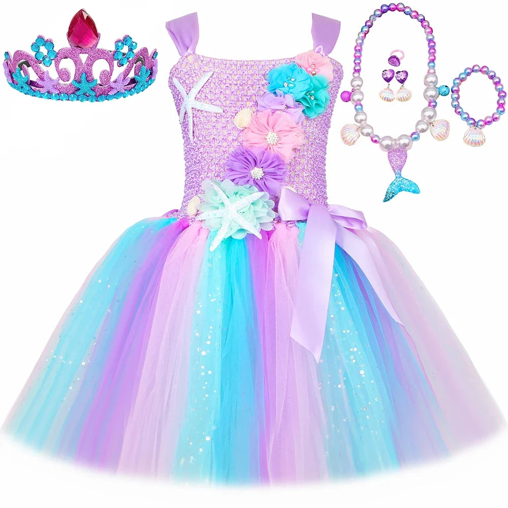 Princess Mermaid Dress for Girls - Pastel Floral Tutu Party & Halloween Costume Dress
