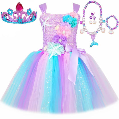 Princess Mermaid Dress for Girls - Pastel Floral Tutu Party & Halloween Costume Dress