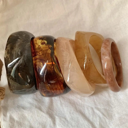 Vintage Wide Geometric Resin Beige Brown Coffee Bangles — Irregular Chunky Bracelet Jewelry Gift for Women & Girls