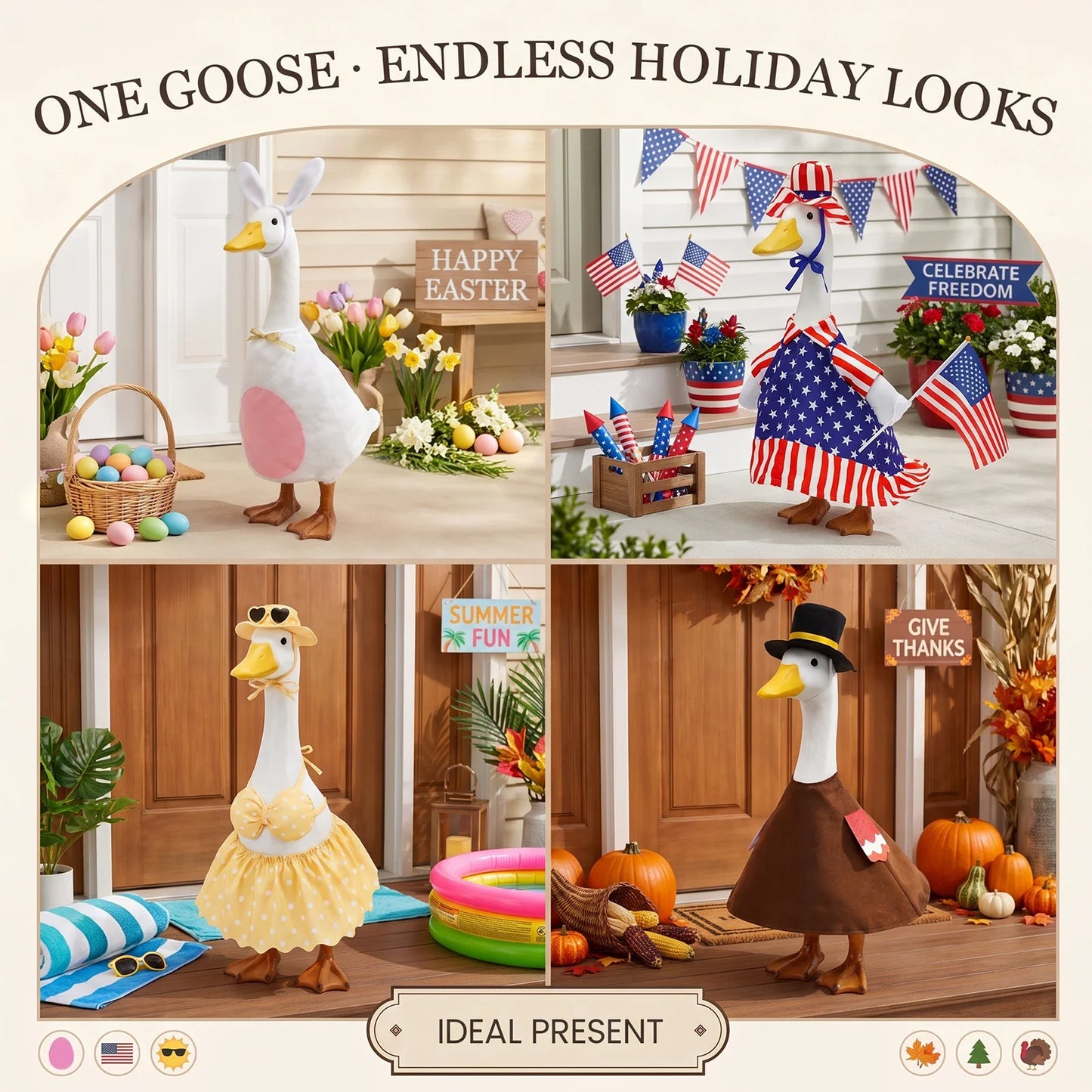 23-Inch Porch Goose Outfit - Seasonal Skirt, Hat & Clothes for Lawn Goose Statue Decoration