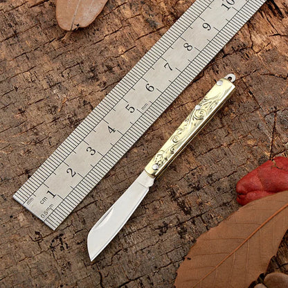 Mini Brass Knife Keychain - Stainless Steel Folding Cleaver Pendant Pocket Tool