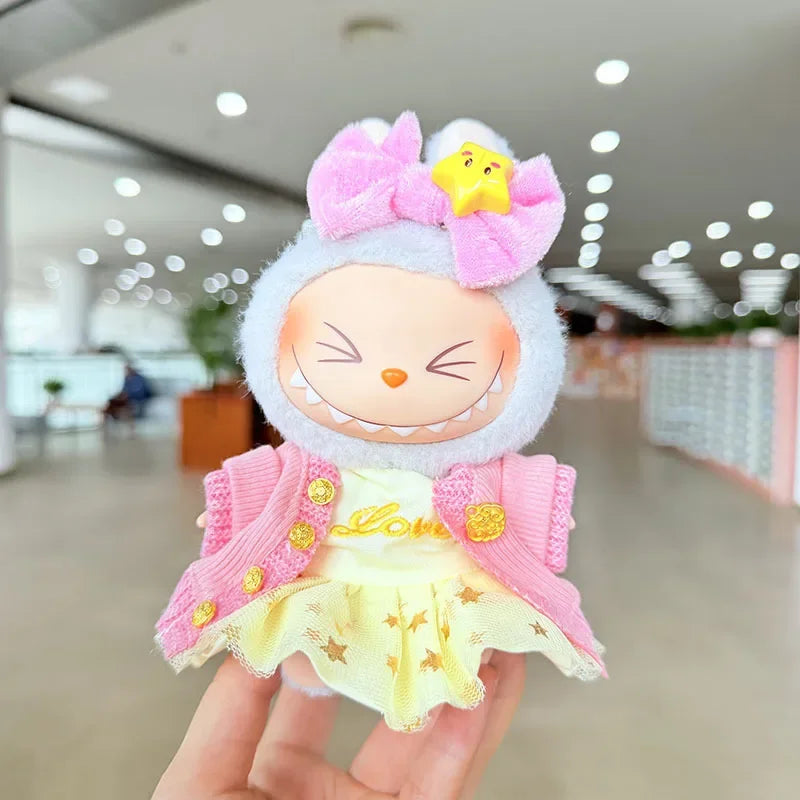 17cm Labubu Doll Clothes — Macaron Outfit Set with Hair Accessories | Cute DIY Gift for Kids