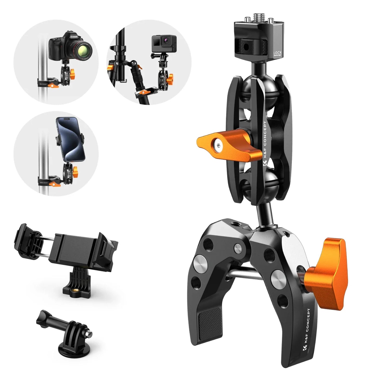 K&F Concept Multi-Functional Super Clamp with Double 360° Ball Head Magic Arm for GoPro, Insta360, DJI Osmo Action Camera, and Phone