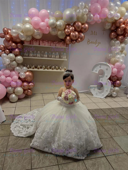 White Tulle Flower Girl Dress - Lace Applique Wedding & Party Gown