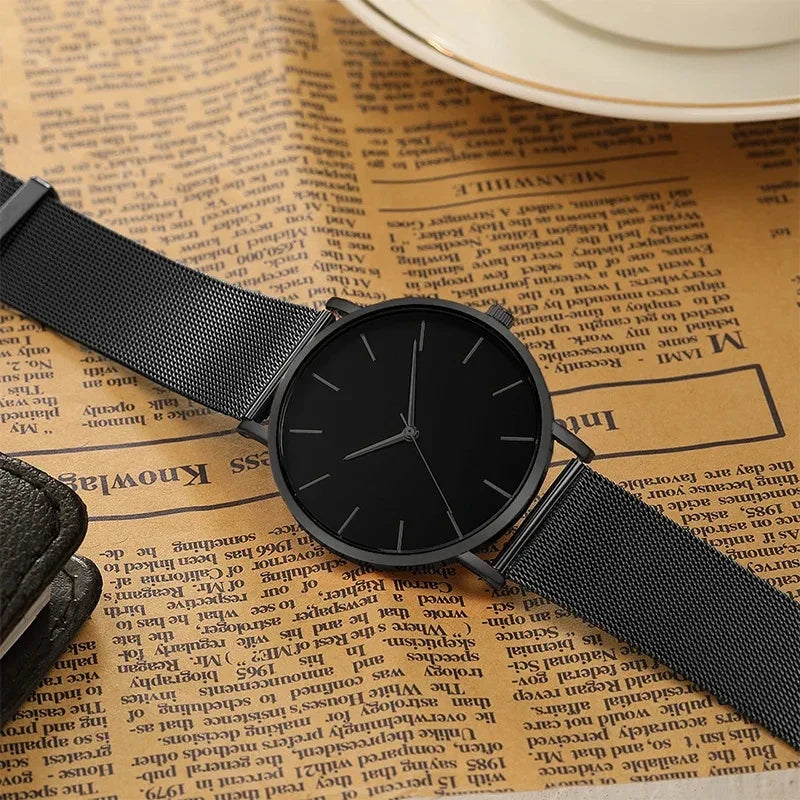 Men’s Ultra-Thin Black Stainless Steel Quartz Watch – Minimalist Business Fashion Wristwatch