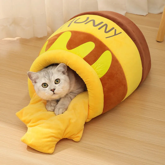 Honey Jar Shape Cat Bed House - Removable Plush Mat for Cats, Four Seasons Cushion Basket - Machine Washable Pet Accessories