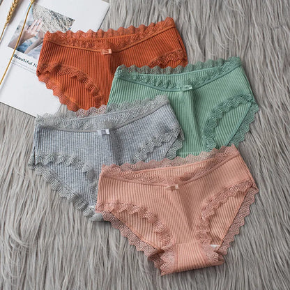 4 Pcs Lace Wavy Trim Bikini Panties - Comfy & Breathable Elastic Women’s Lingerie & Underwear