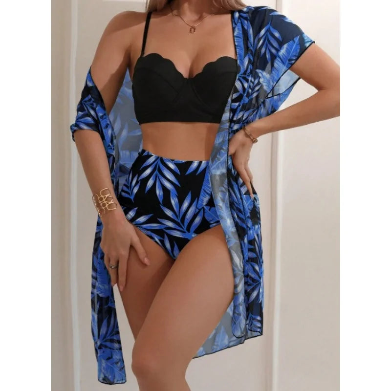 Elegant 3-Piece Vintage Bikini Set for Women – High Waist Swimsuit with Mesh Cover-Up 2025 Bathing Suit