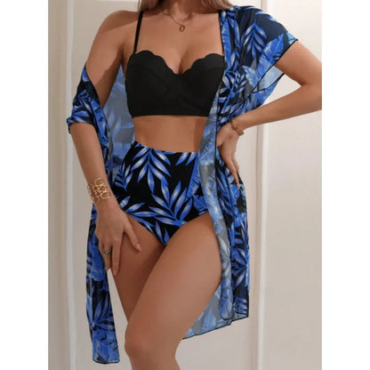 Elegant 3-Piece Vintage Bikini Set for Women – High Waist Swimsuit with Mesh Cover-Up 2025 Bathing Suit