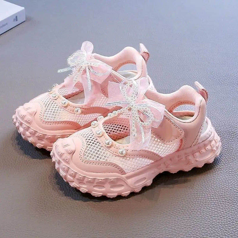 Girls Pearl Mesh Sandals - Summer Princess Shoes with Soft Mesh Design for Children