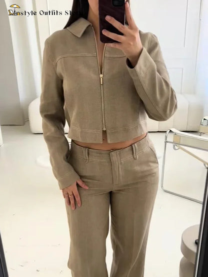 Women’s Cotton Linen Trousers Set — Casual Lapel Crop Top & Straight Pants Streetwear Spring Autumn Outfit