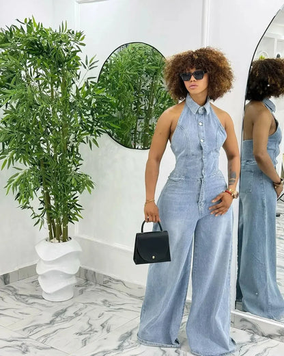 Women's Denim One-Piece Jumpsuit - Backless Long Sleeve Collared Outfit with Button Closure