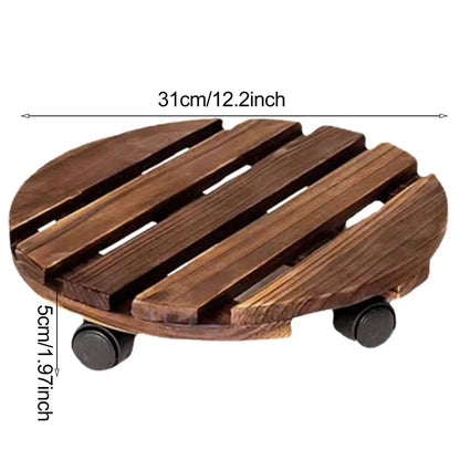 Wooden Rolling Plant Stand - Thick Flower Pot Holder with Universal Wheels for Bonsai & Indoor Garden Decor